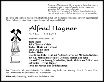 Traueranzeige von Alfred Hagner von Südthüringer Presse