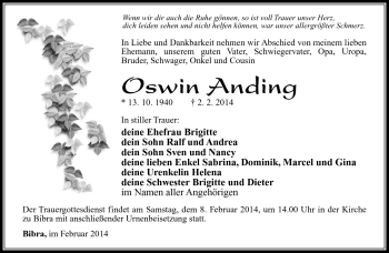 Traueranzeige von Oswin Anding von Südthüringer Presse