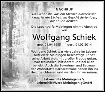 Traueranzeige von Wolfgang Schiek von Südthüringer Presse