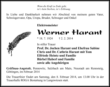 Traueranzeige von Werner Harant von Südthüringer Presse