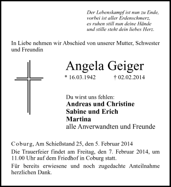 Traueranzeige von Angela Geiger von Neue Presse Coburg