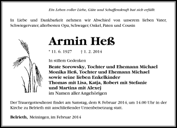 Traueranzeige von Armin Heß von Südthüringer Presse