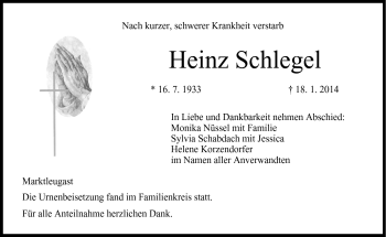 Traueranzeige von Heinz Schlegel von Frankenpost