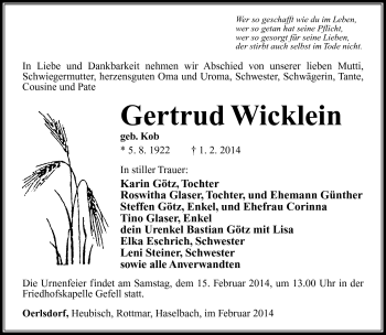 Traueranzeige von Gertrud Wicklein von Südthüringer Presse