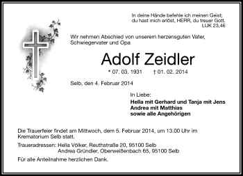 Traueranzeige von Adolf Zeidler von Frankenpost
