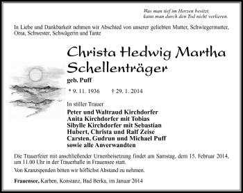 Traueranzeige von Christa Hedwig Martha Schellenträger von Südthüringer Presse