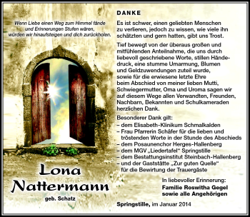Traueranzeige von Lona Nattermann von Südthüringer Presse