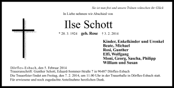 Traueranzeige von Ilse Schott von Neue Presse Coburg