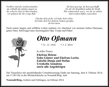 Traueranzeige von Otto Oßmann von Südthüringer Presse
