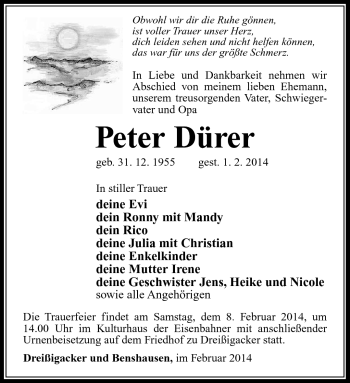 Traueranzeige von Peter Dürer von Südthüringer Presse