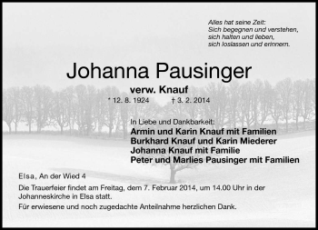 Traueranzeige von Johanna Pausinger von Neue Presse Coburg