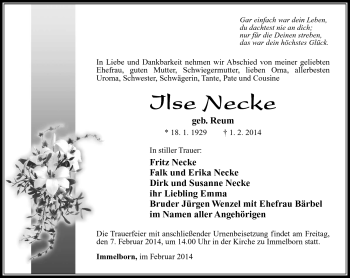 Traueranzeige von Ilse Necke von Südthüringer Presse