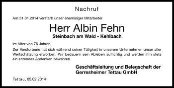 Traueranzeige von Albin Fehn von Neue Presse Coburg