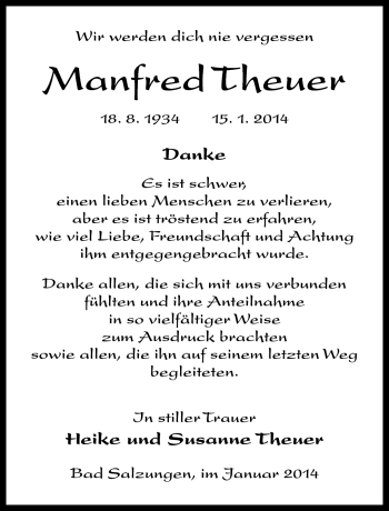 Traueranzeige von Manfred Theuer von Südthüringer Presse