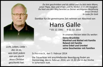 Traueranzeige von Hans Galle von Neue Presse Coburg