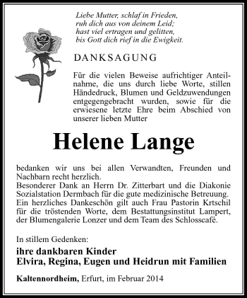 Traueranzeige von Helene Lange von Südthüringer Presse