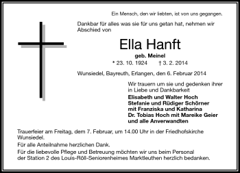 Traueranzeige von Ella Hanft von Frankenpost