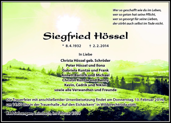 Traueranzeige von Siegfried Hössel von Südthüringer Presse
