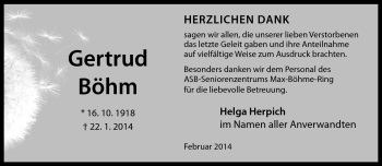 Traueranzeige von Gertrud Böhm von Neue Presse Coburg