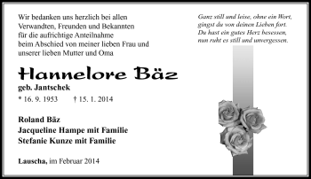 Traueranzeige von Hannelore Bäz von Südthüringer Presse