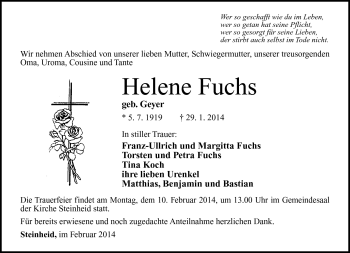 Traueranzeige von Helene Fuchs von Südthüringer Presse