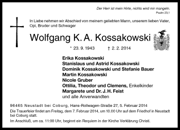 Traueranzeige von Wolfgang Kossakowski von Neue Presse Coburg
