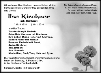 Traueranzeige von Ilse Kirchner von Südthüringer Presse