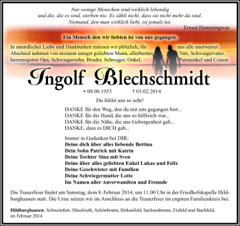 Traueranzeige von Ingolf Blechschmidt von Südthüringer Presse