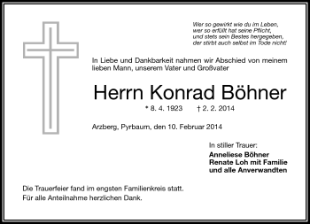 Traueranzeige von Konrad Böhner von Frankenpost
