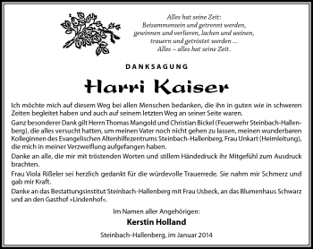 Traueranzeige von Harri Kaiser von Südthüringer Presse
