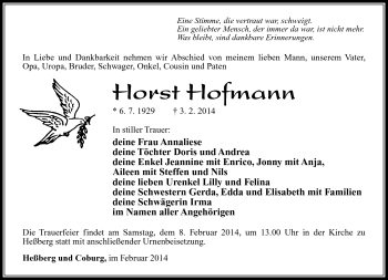 Traueranzeige von Horst Hofmann von Südthüringer Presse