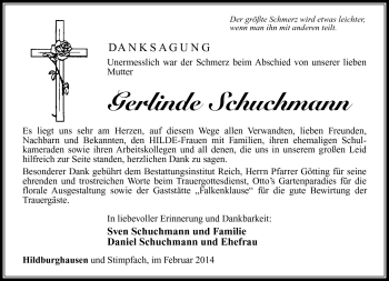 Traueranzeige von Gerlinde Schuchmann von Südthüringer Presse