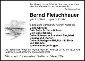 Traueranzeige von Bernd Fleischhauer von Südthüringer Presse