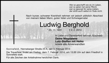 Traueranzeige von Ludwig Berghold von Neue Presse Coburg