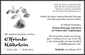 Traueranzeige von Elfriede Kürlein von Südthüringer Presse