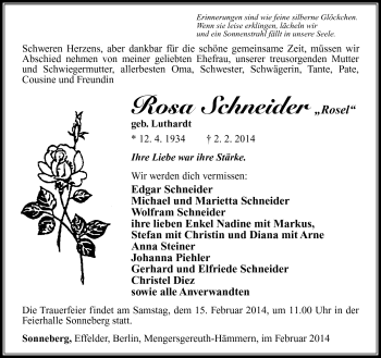 Traueranzeige von Rosa Schneider von Südthüringer Presse