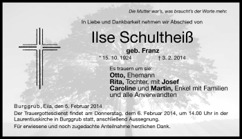 Traueranzeige von Ilse Schultheiß von Neue Presse Coburg