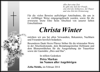 Traueranzeige von Christa Winter von Südthüringer Presse