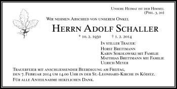 Traueranzeige von Adolf Schaller von Frankenpost