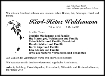 Traueranzeige von Karl-Heinz Waldemann von Südthüringer Presse