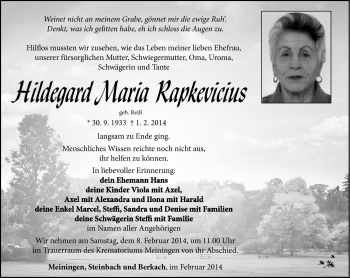 Traueranzeige von Hildegard Maria Rapkevicius von Südthüringer Presse