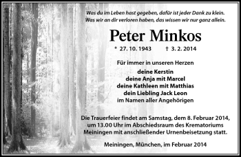 Traueranzeige von Peter Minkos von Südthüringer Presse