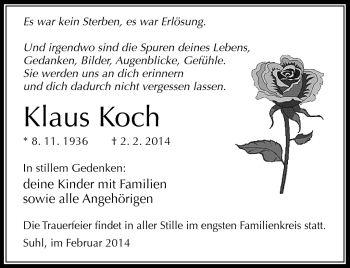 Traueranzeige von Klaus Koch von Südthüringer Presse