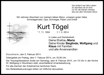 Traueranzeige von Kurt Tögel von Neue Presse Coburg