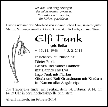 Traueranzeige von Elfi Funk von Südthüringer Presse