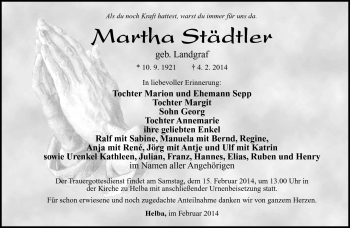 Traueranzeige von Martha Städtler von Südthüringer Presse