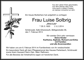 Traueranzeige von Luise Solbrig von Frankenpost