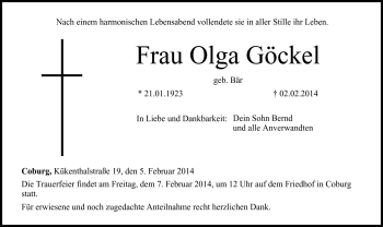 Traueranzeige von Göckel Olga von Neue Presse Coburg