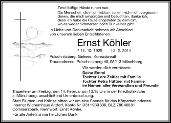 Traueranzeige von Ernst Köhler von Frankenpost