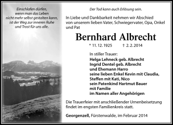 Traueranzeige von Bernhard Albrecht von Südthüringer Presse